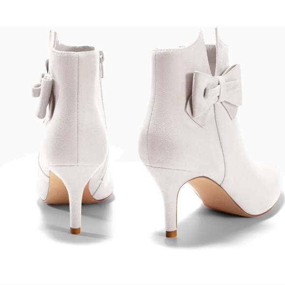 Ermonn Pointed Toe Bow Ankle Boots Faux Suede Stiletto Heels Side Zipper Booties - Picture 4 of 4